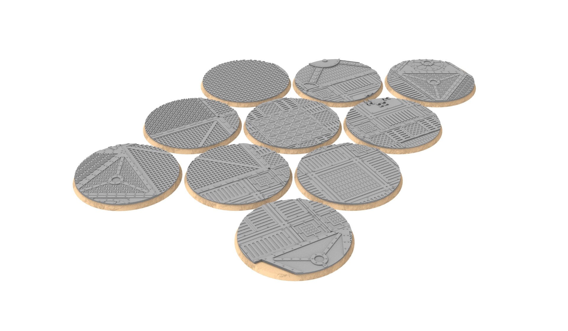 Industrial - Textured Round bases, Lot of 20mm to 225mm, INDRV Factory ground usable for Warmachine, Starfinder and sci-fi wargames