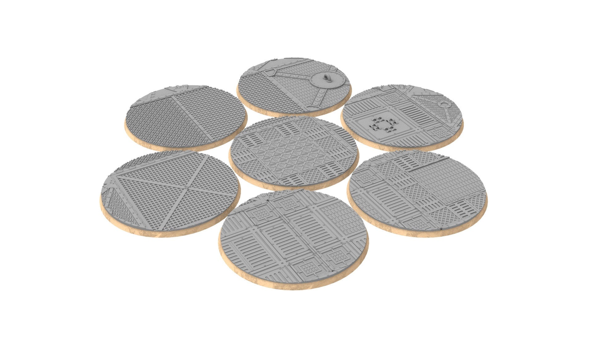 Industrial - Textured Round bases, Lot of 20mm to 225mm, INDRV Factory ground usable for Warmachine, Starfinder and sci-fi wargames