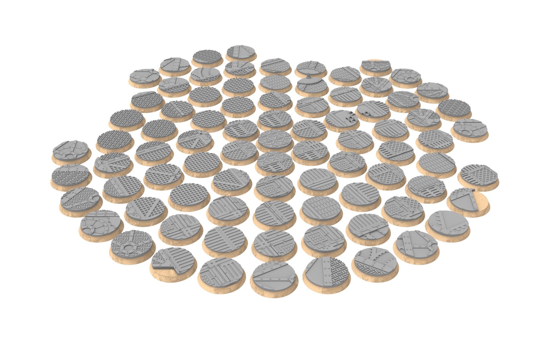 Industrial - Textured Round bases, Lot of 20mm to 225mm, INDRV Factory ground usable for Warmachine, Starfinder and sci-fi wargames