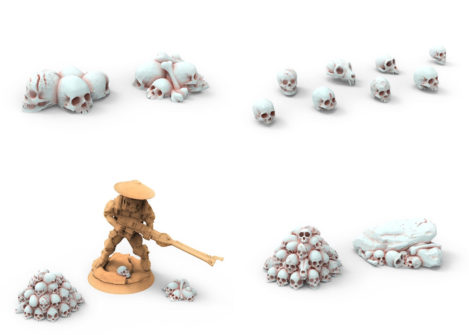 Lots of skulls base decoration usable for Oldhammer, warmachine, infinity, zombicide, scifi wargame...