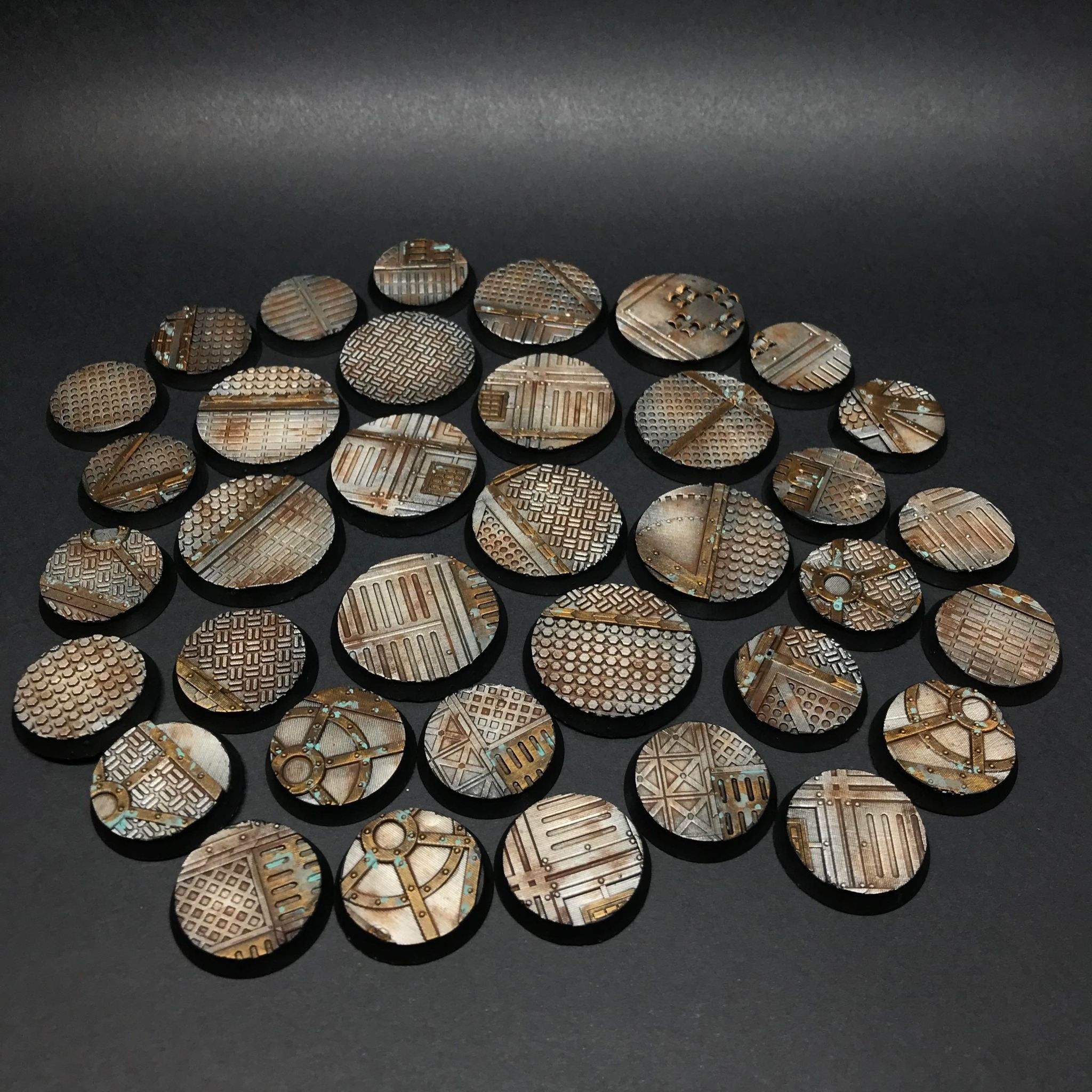Industrial - Textured Round bases, Lot of 20mm to 225mm, INDRV Factory ground usable for Warmachine, Starfinder and sci-fi wargames