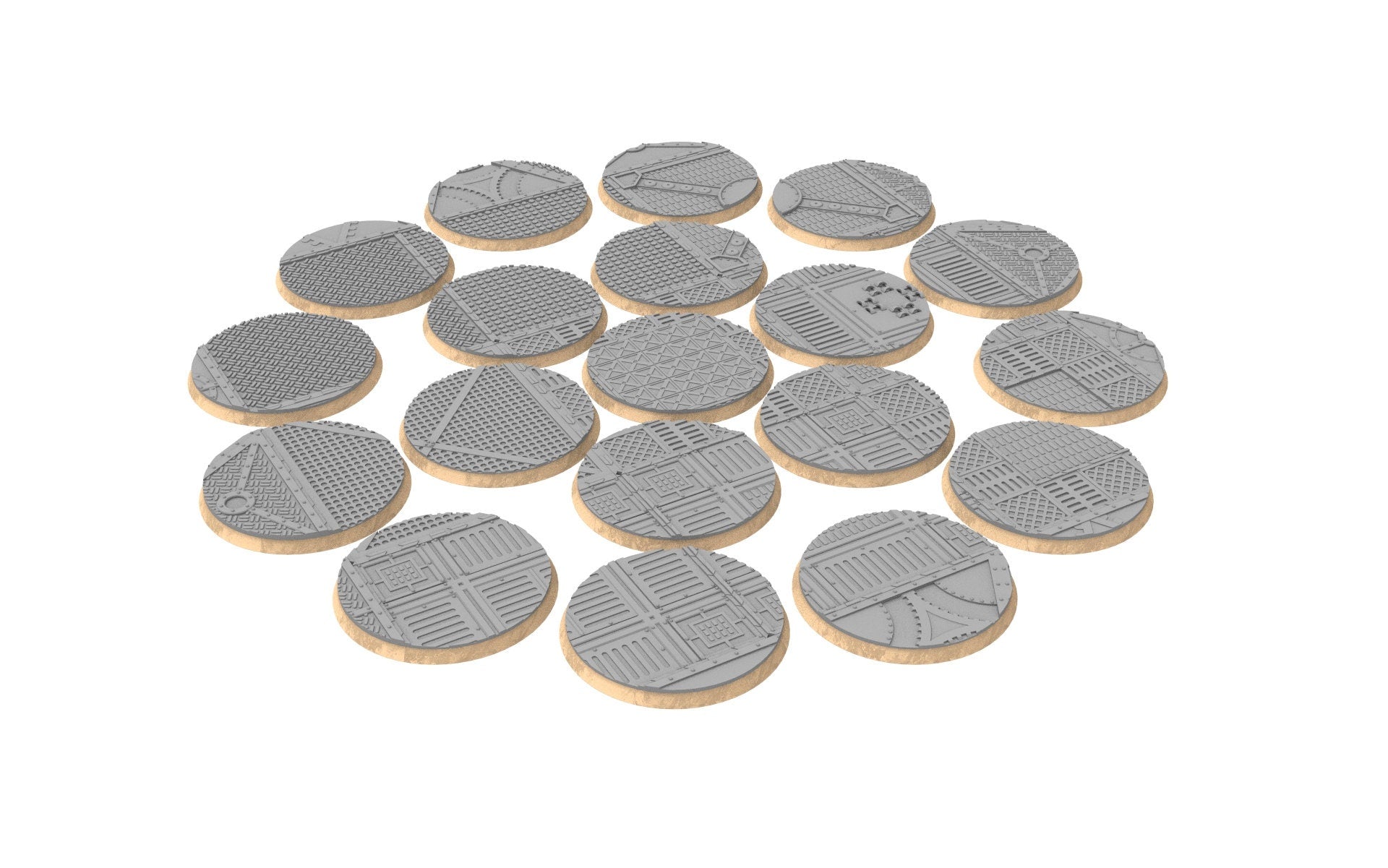 Industrial - Textured Round bases, Lot of 20mm to 225mm, INDRV Factory ground usable for Warmachine, Starfinder and sci-fi wargames