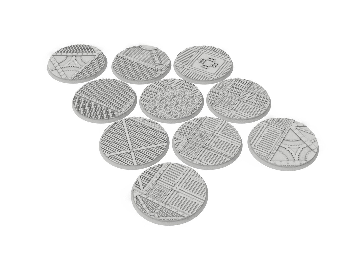 Industrial - Textured Round bases, Lot of 20mm to 225mm, INDRV Factory ground usable for Warmachine, Starfinder and sci-fi wargames