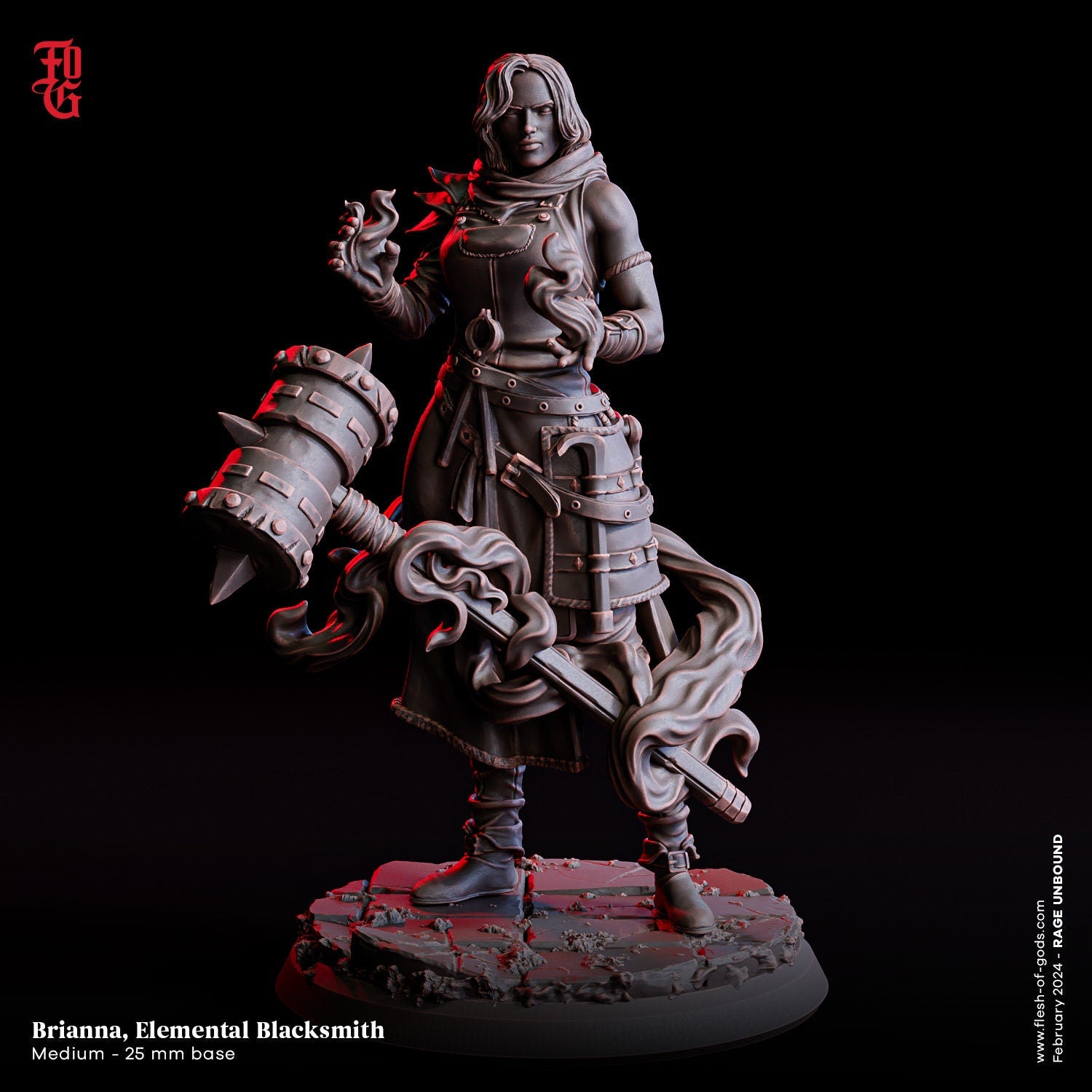 Rage Unbound - Hero - Brianna, Elemental Blacksmith 25mm, The Nightfall Cult, Ennemy, Flesh of Gods, for Wargames, Dungeons & Dragons TTRPG