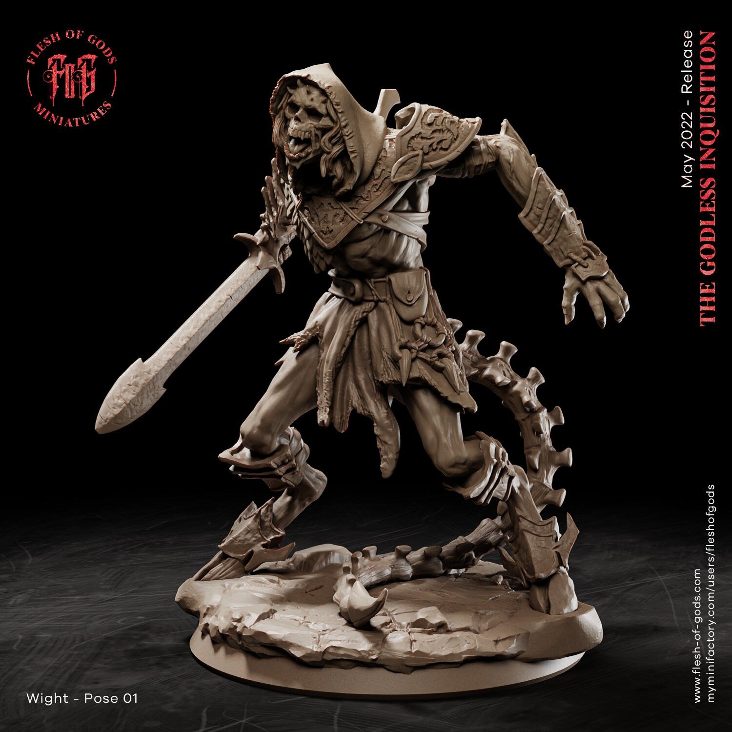 The Godless Inquisition - Monster - Wight Pose 01 V2, depths of the abyss, Flesh of Gods, for Wargames, Dungeons & Dragons TTRPG