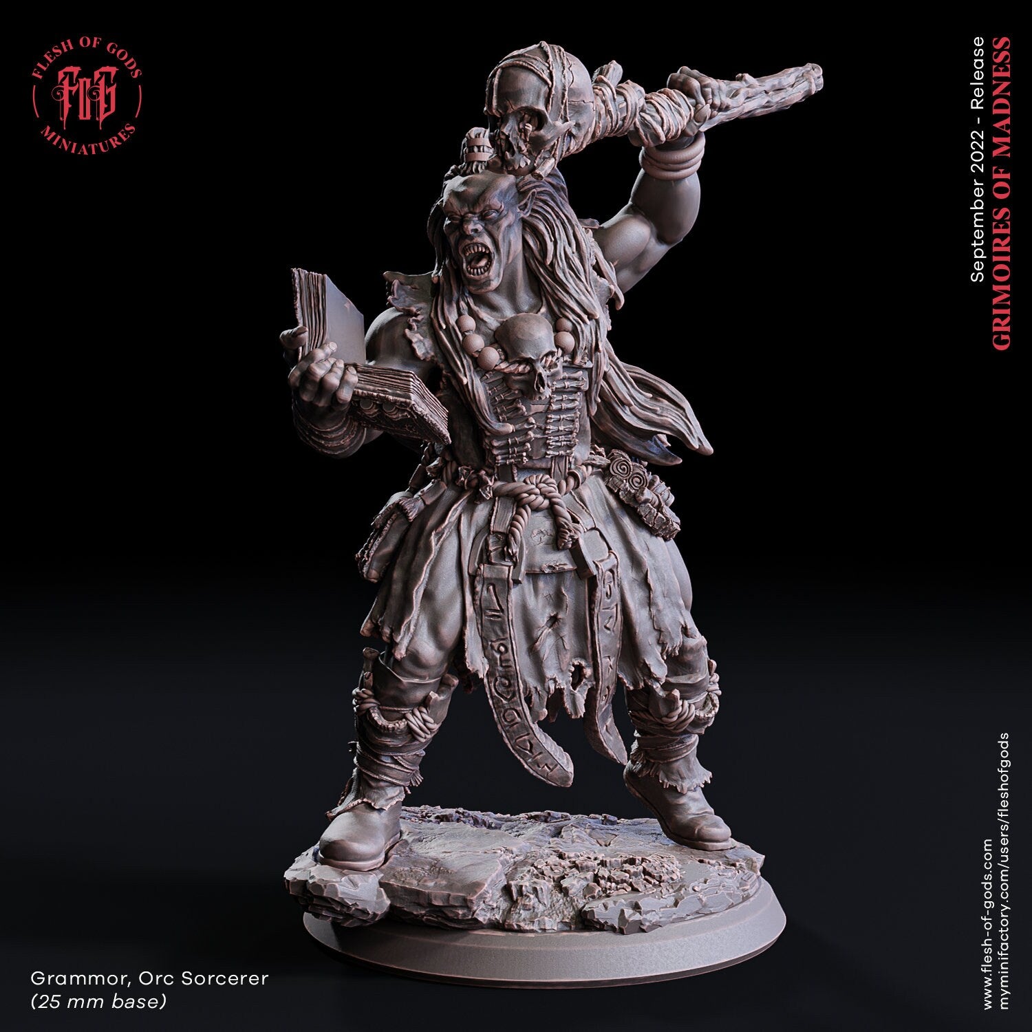 Grimoires of madness - Villain - Grammor Orc Sorcerer 25 mm, forbidden magics, Ennemy, Flesh of Gods, for Wargames, Dungeons & Dragons TTRPG