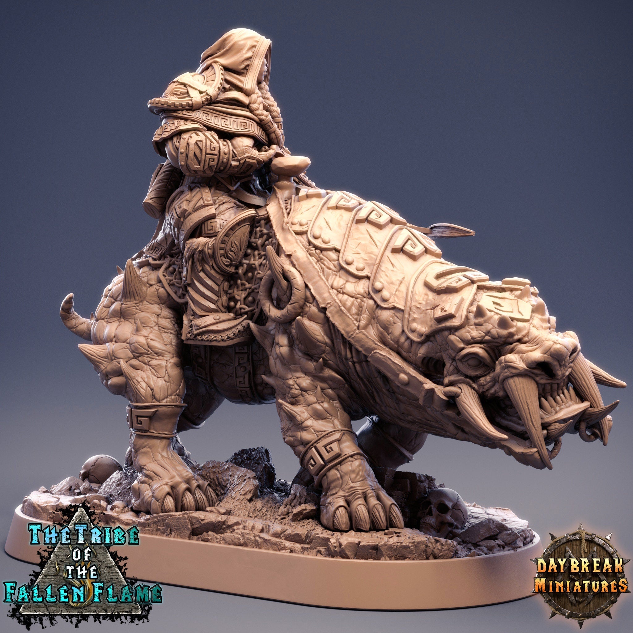 The Tribe Of The Fallen Flame - Hedlana the Impaler Tuskerbeast quest for glory, DayBreak Miniatures, for Wargames, Dungeons & Dragons TTRPG