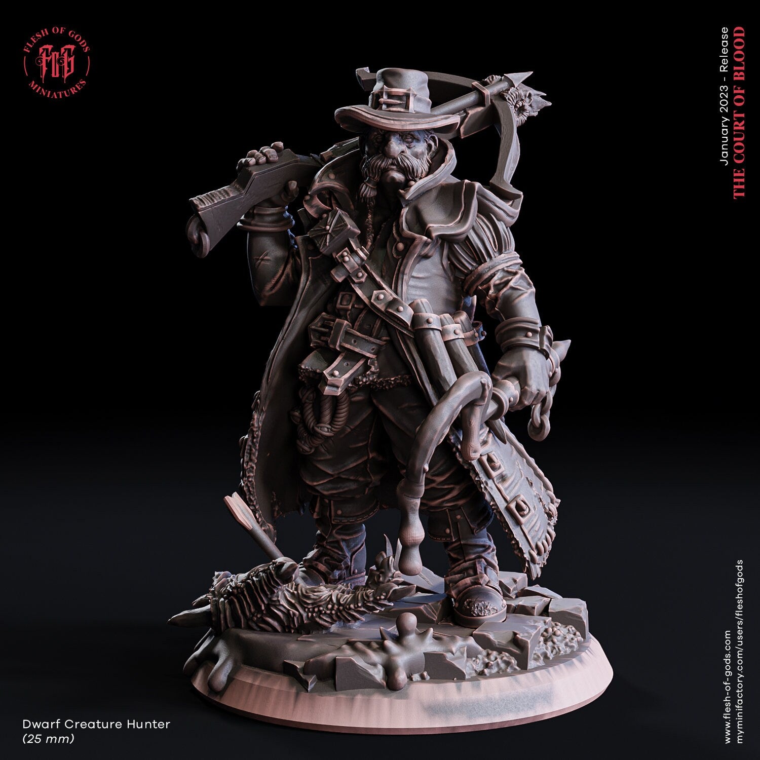 The Court Blood - Hero - Dwarf Creature Hunter 75mm, creatures of darkness, Ennemy, Flesh of Gods, for Wargames, Dungeons & Dragons TTRPG