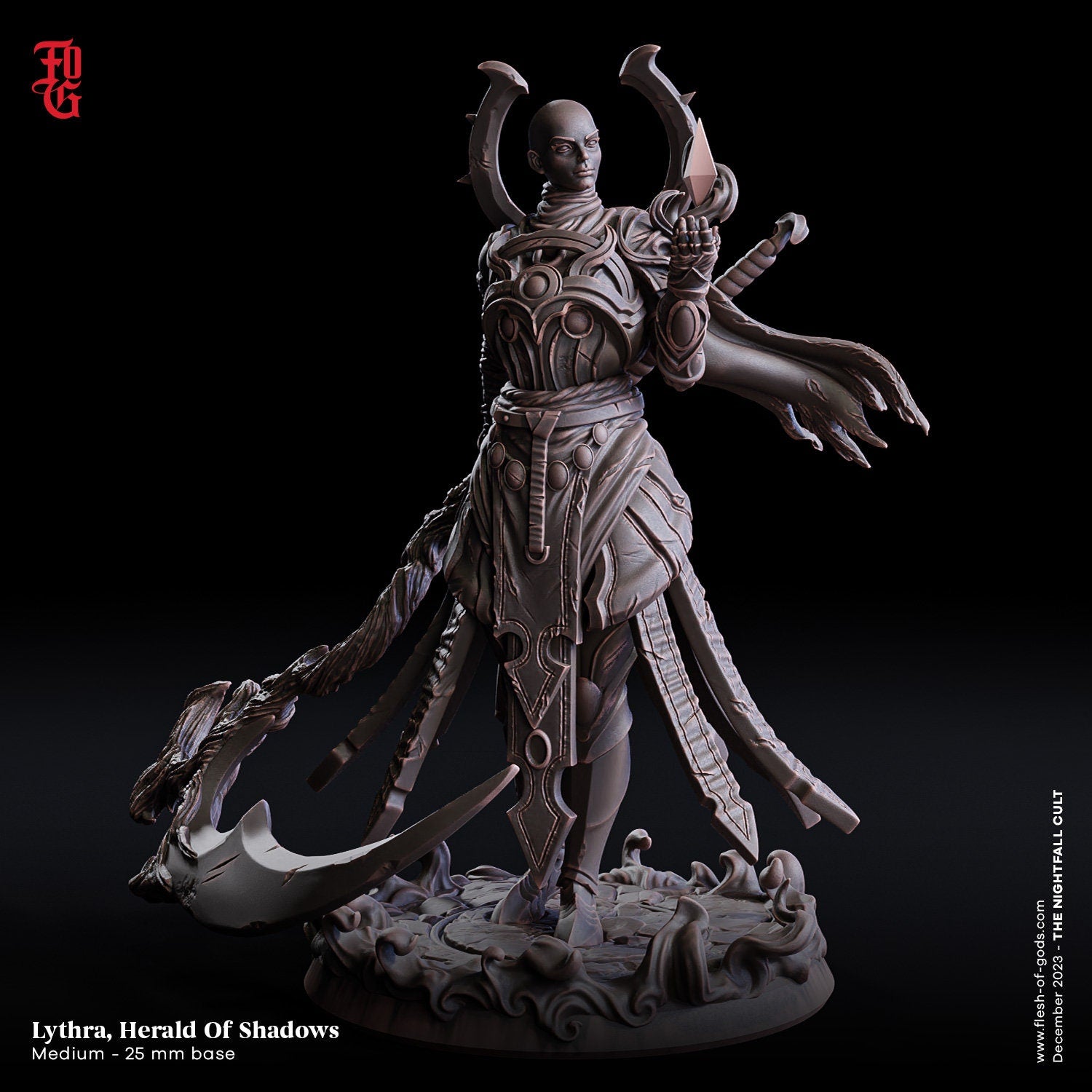 Shadowbound Knights - Lythra, Herald of Shadows 75mm, The Nightfall Cult, Hero, Flesh of Gods, for Wargames, Dungeons & Dragons TTRPG