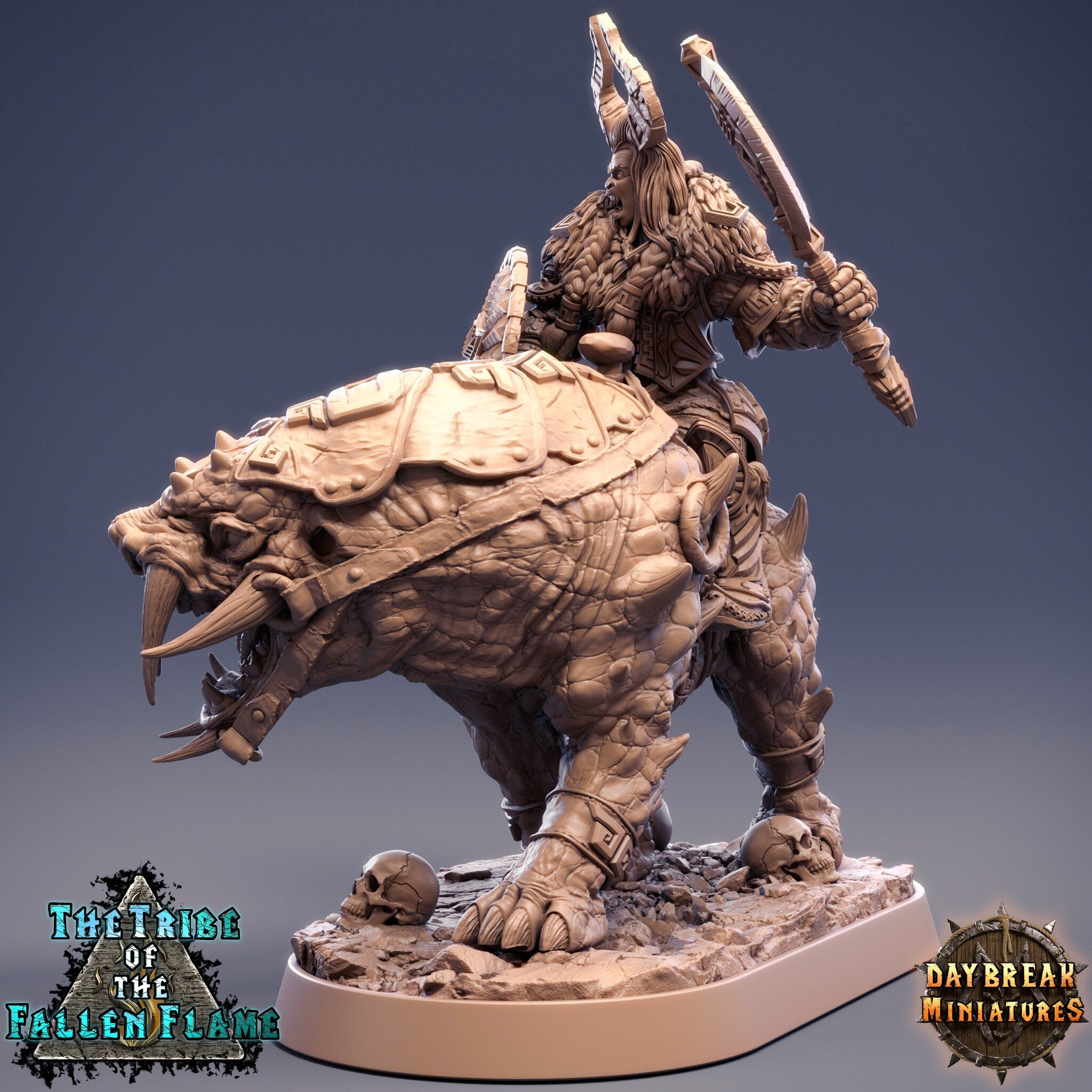 The Tribe Of The Fallen Flame - Ingar the Cleaver Tuskerbeast, quest for glory, DayBreak Miniatures, for Wargames, Dungeons & Dragons TTRPG