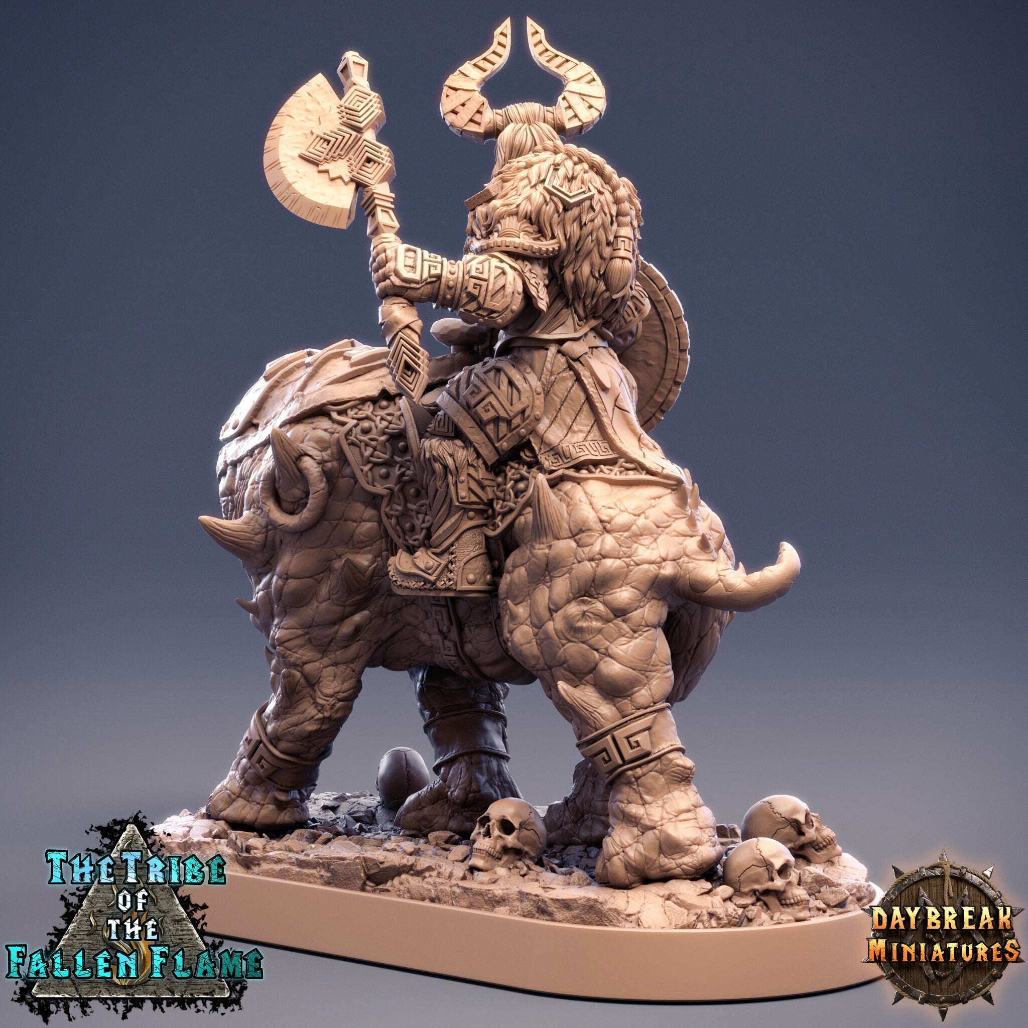 The Tribe Of The Fallen Flame - Ingar the Cleaver Tuskerbeast, quest for glory, DayBreak Miniatures, for Wargames, Dungeons & Dragons TTRPG