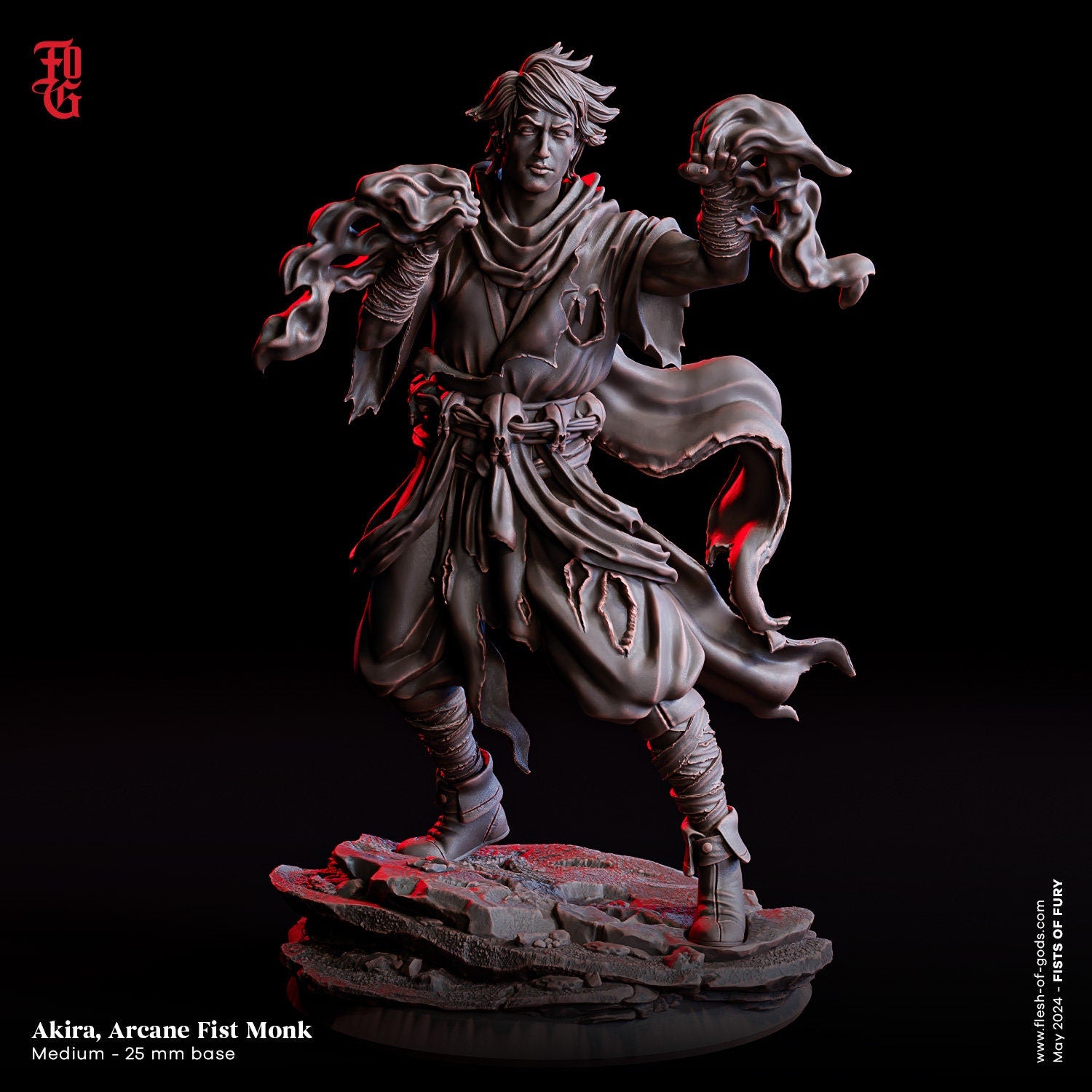 Fists Of Fury - Hero - Akira, Arcane Fist Monk (Medium - 25 mm), Flesh of Gods, for Wargames, Dungeons & Dragons TTRPG