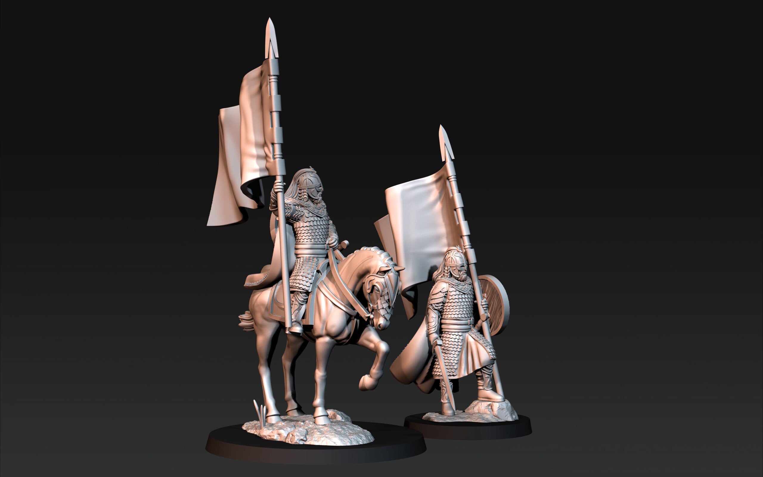 Rohan - West Human Royal Guard with banner mounted and foot, the Horse-lords, rider of the mark, minis for wargame D&D, Lotr...