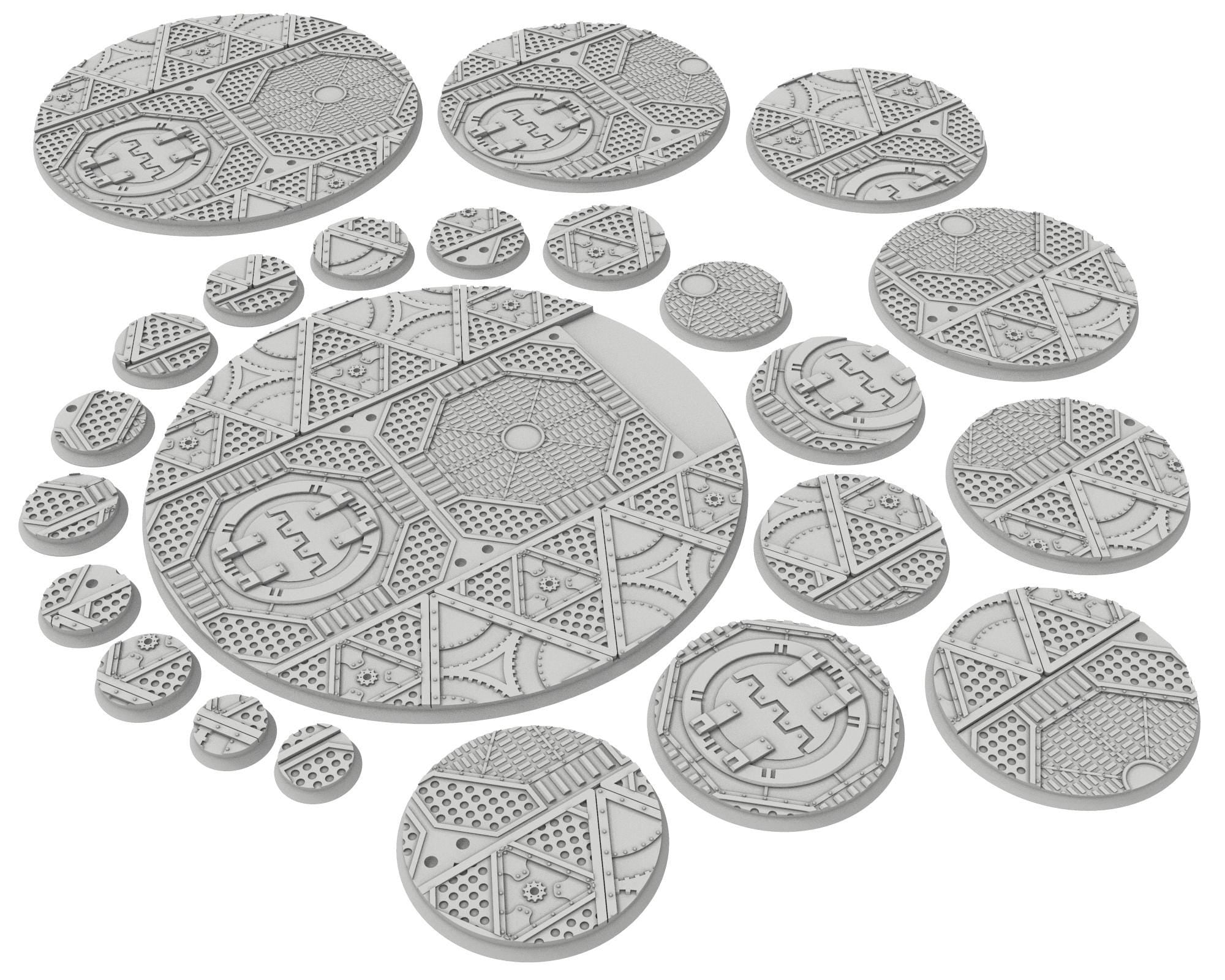 Military Base - Textured Round Bases, lot of 25mm to 160mm MILBS set Metalic industrial ground usable for warmachine, wargame...
