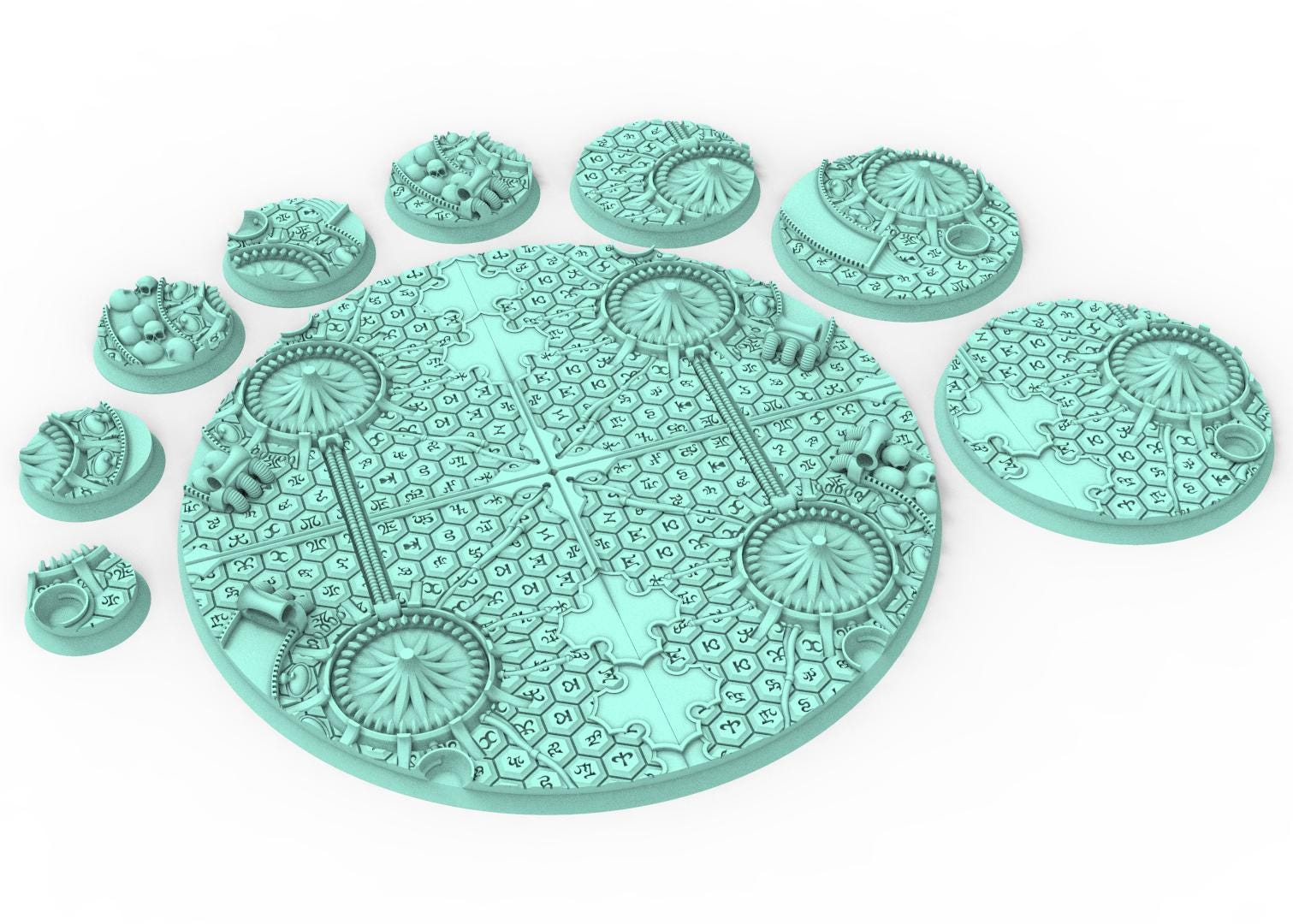 Dark City - Textured Round Bases, lot of 25mm to 160mm DRKCT Eldar space fantasy elves runic ground set 4 usable for warmachine, wargame...