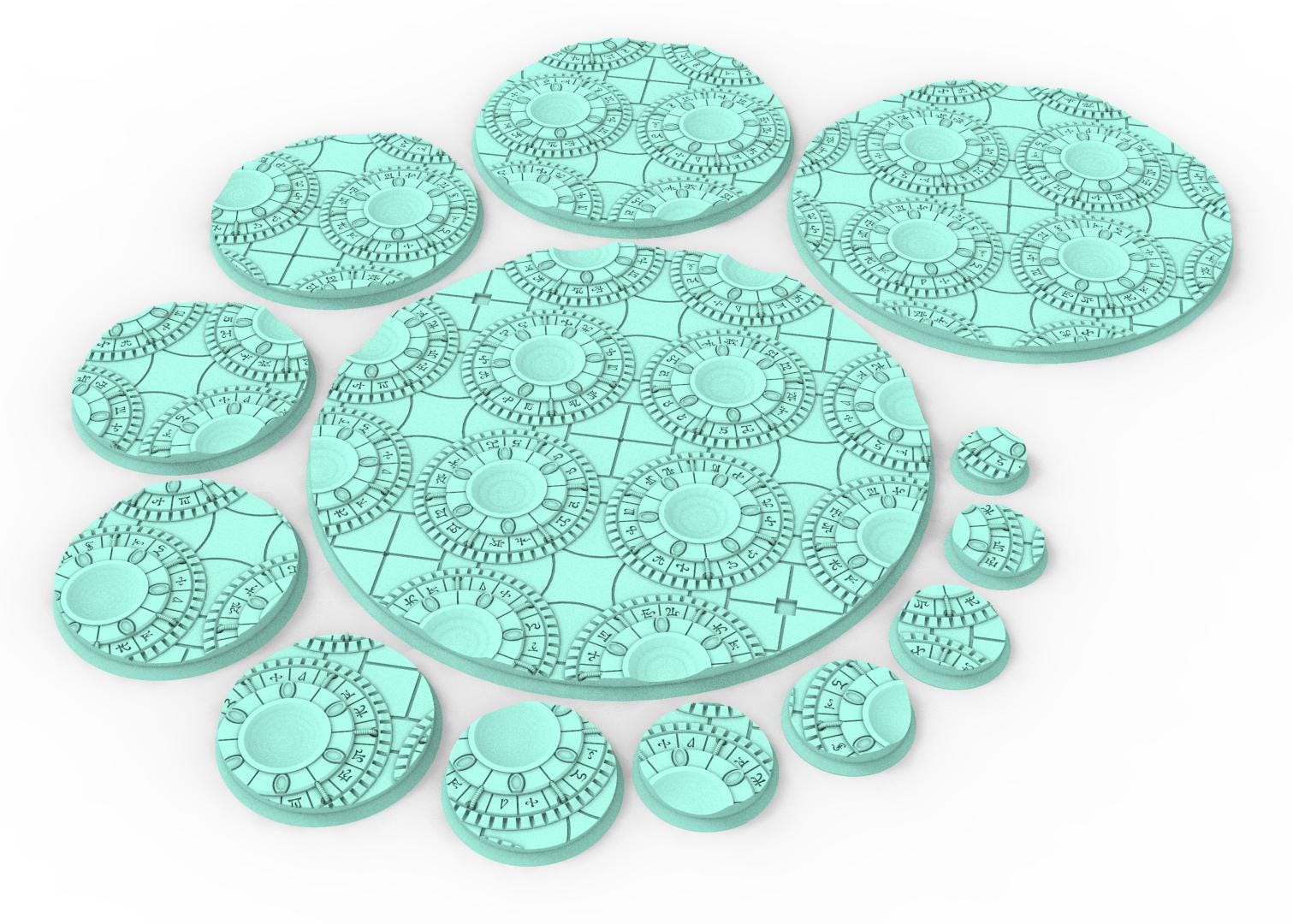 Dark City - Textured Round Bases, lot of 25mm to 160mm DRKCT Eldar space fantasy elves runic ground set 3 usable for warmachine, wargame...