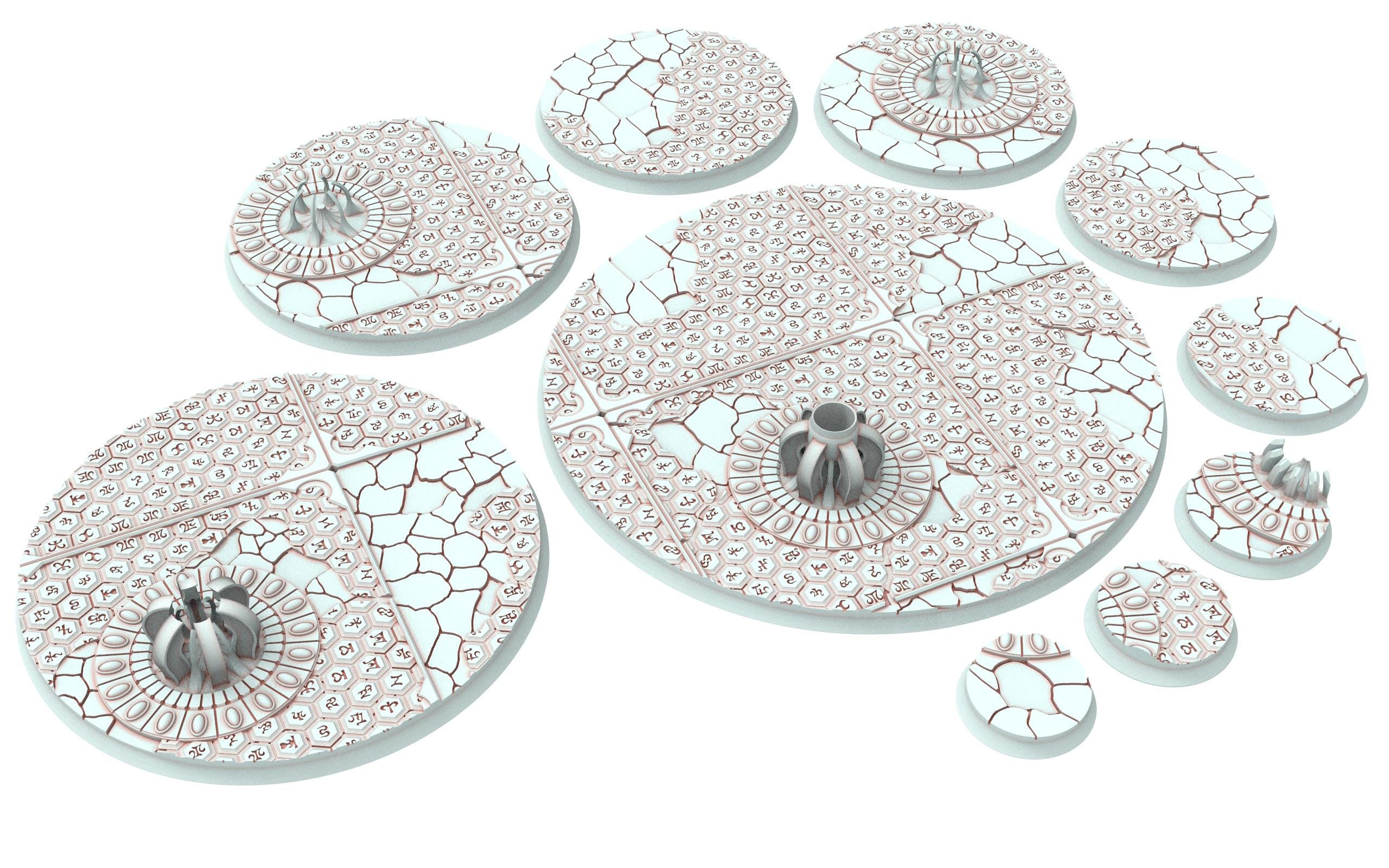 Dark City - Textured Round Bases, lot of 25mm to 160mm DRKCT Eldar space fantasy elves runic ground set 6 usable for warmachine, wargame...