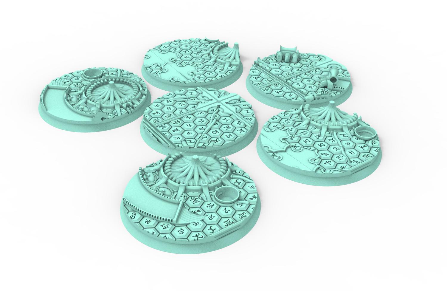 Dark City - Textured Round Bases, lot of 25mm to 160mm DRKCT Eldar space fantasy elves runic ground set 4 usable for warmachine, wargame...