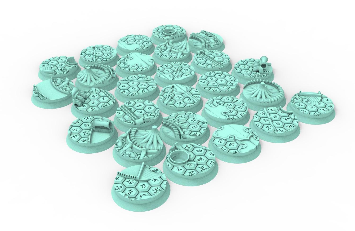 Dark City - Textured Round Bases, lot of 25mm to 160mm DRKCT Eldar space fantasy elves runic ground set 4 usable for warmachine, wargame...