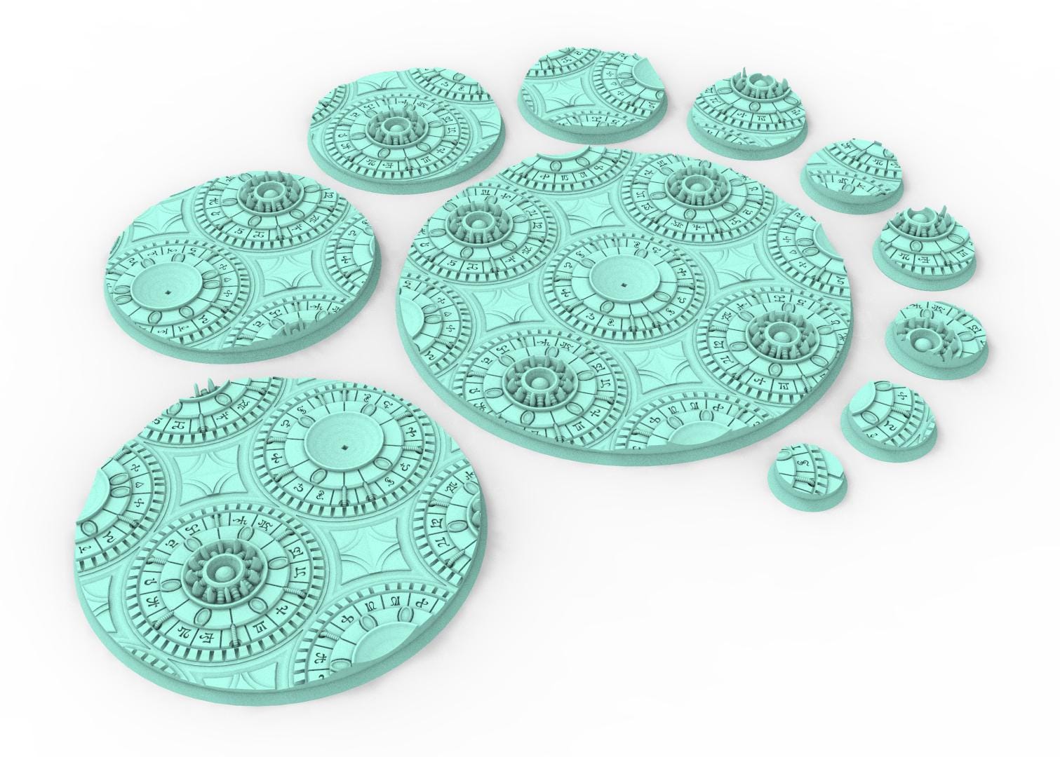 Dark City - Textured Round Bases, lot of 25mm to 160mm DRKCT Eldar space fantasy elves runic ground set 2 usable for warmachine, wargame...