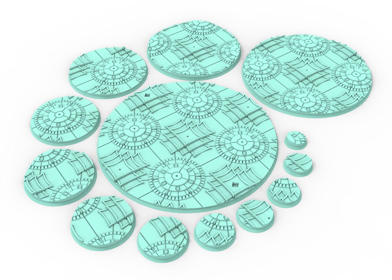 Dark City - Textured Round Bases, lot of 25mm to 160mm DRKCT Eldar space fantasy elves runic ground set 1 usable for warmachine, wargame...