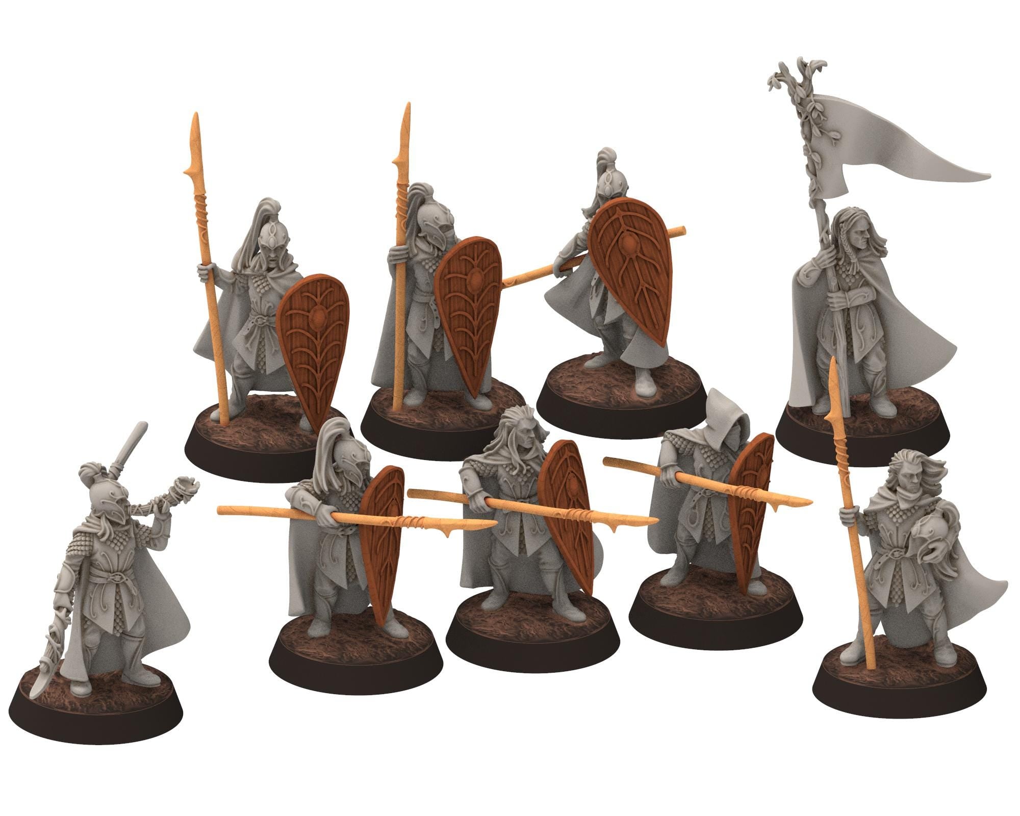 Darkwood - Wood Elf spearmen with shields V2, Sylvan Eldar Kingdom, Middle rings miniatures for wargame D&D, LOTR, Medbury miniatures