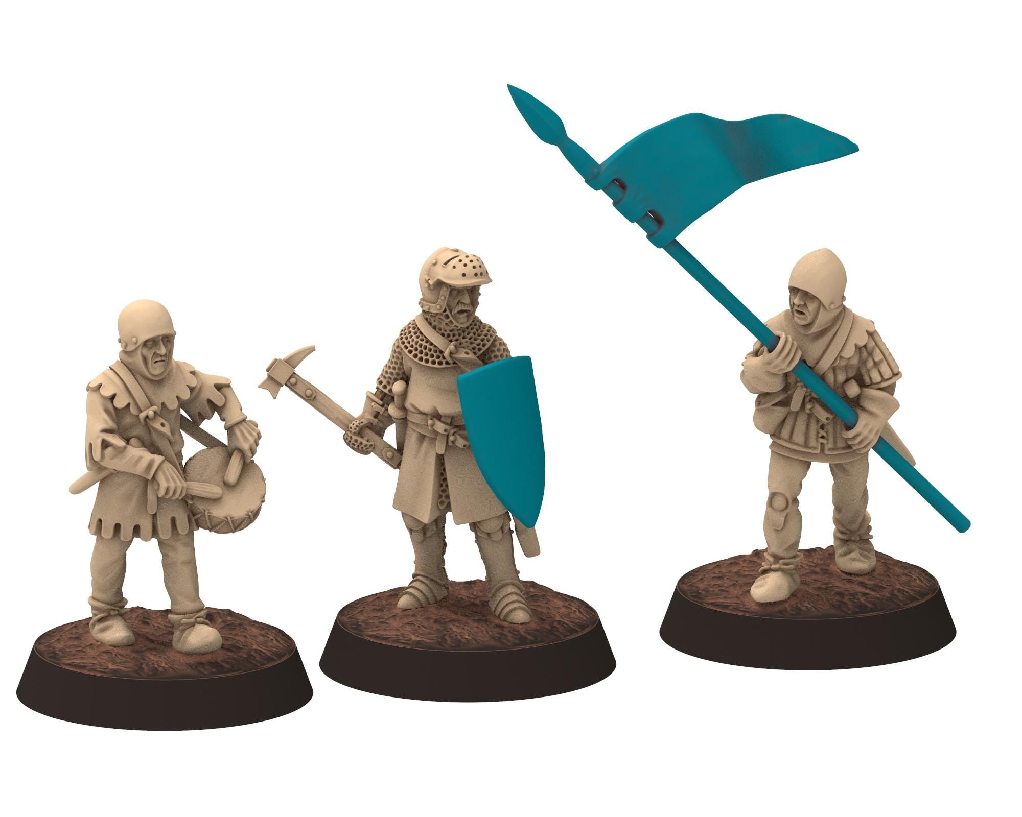 Medieval - Infantrymen Commanders: Leader, Musician, Banner, 14-15th century Staff, 28mm Historical Wargame, Saga... Medbury miniatures