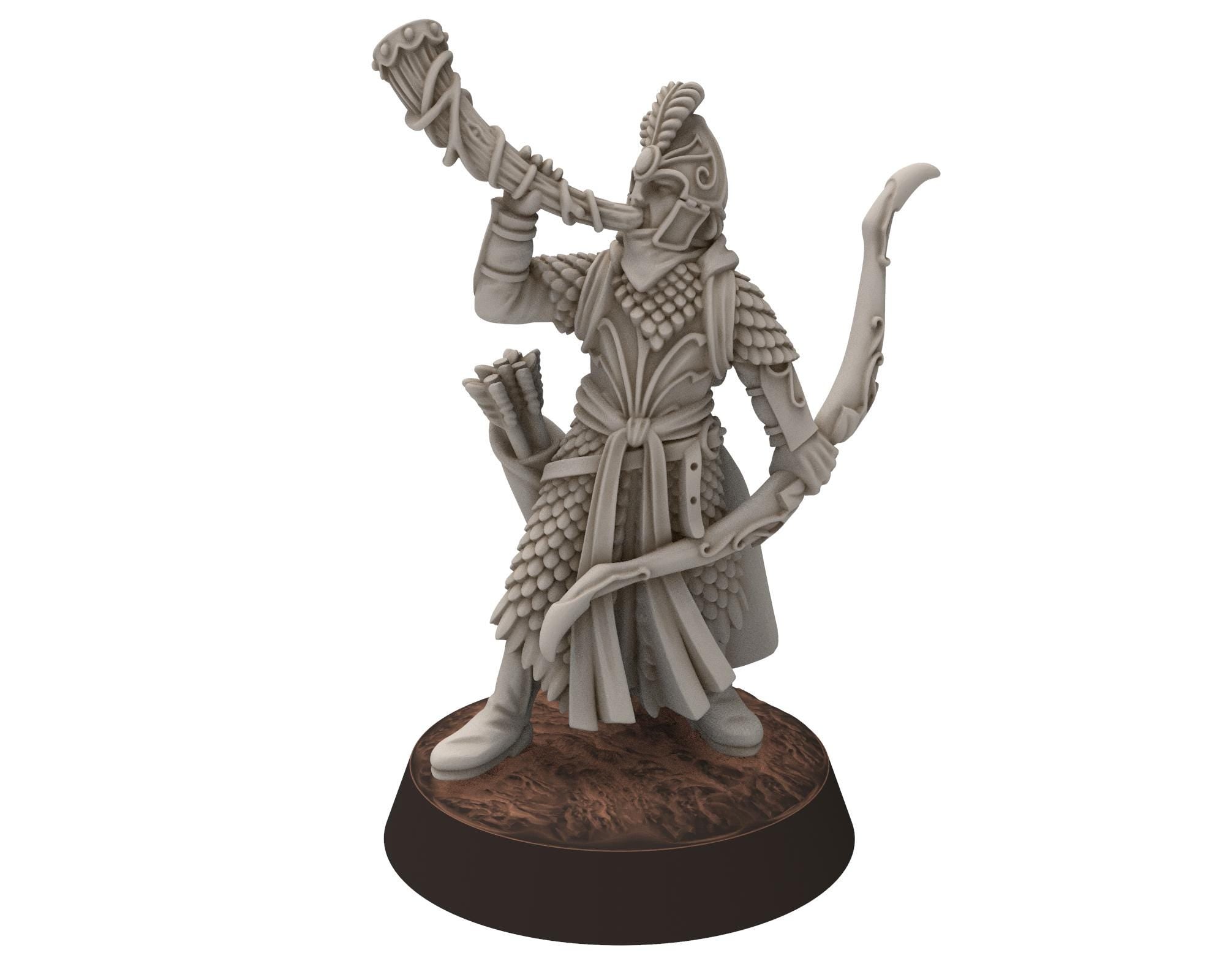 Darkwood - Gwyrdgalas Elven Captains, Musician, Banner, Eldar Kingdom, Middle rings miniatures for wargame D&D, LOTR, Medbury miniatures