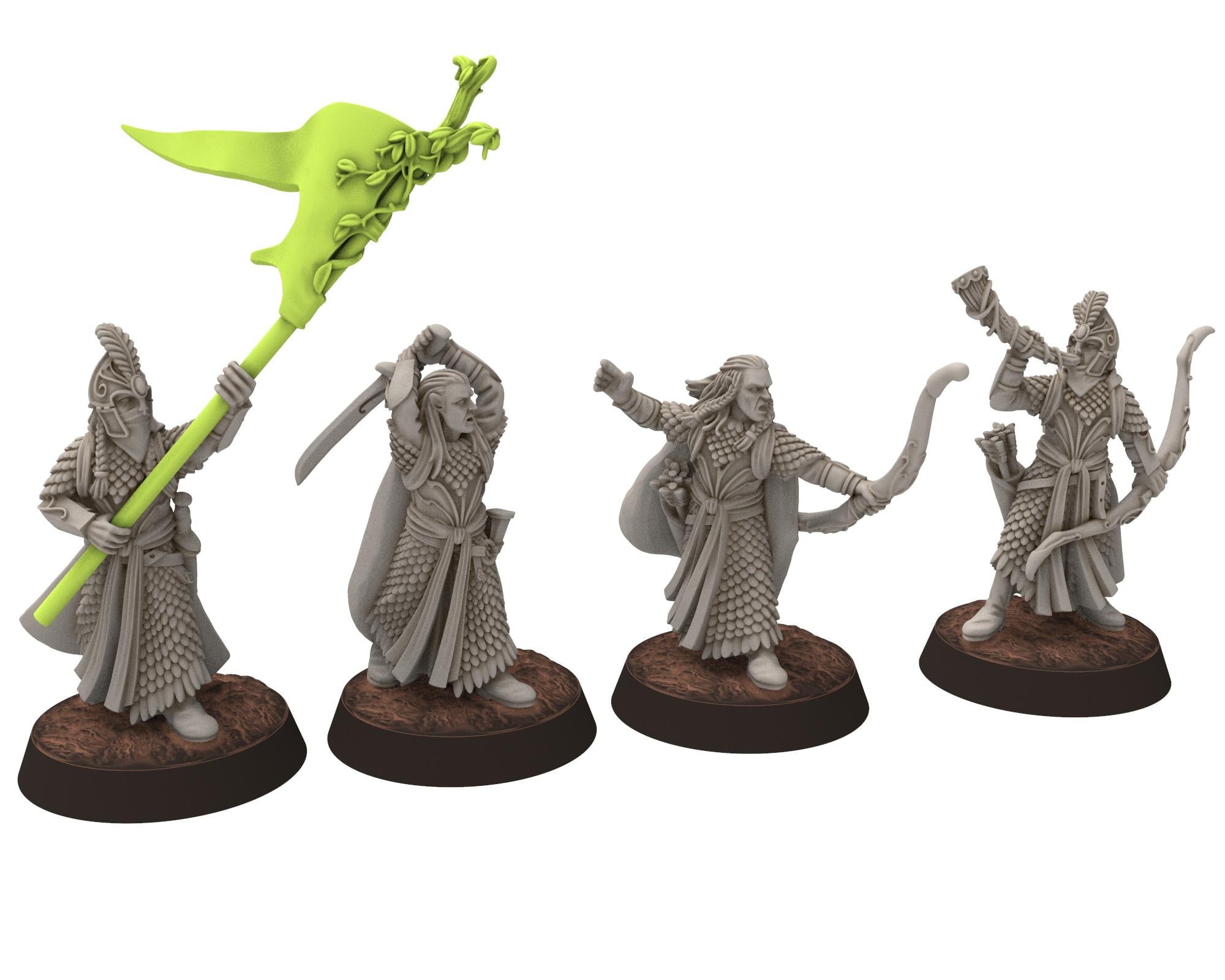 Darkwood - Gwyrdgalas Elven Captains, Musician, Banner, Eldar Kingdom, Middle rings miniatures for wargame D&D, LOTR, Medbury miniatures