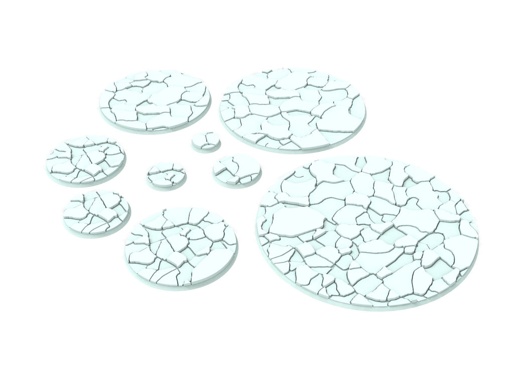 Lot of 25mm to 160mm cracked ice texture & round bases usable for warmachine, , warcry, AOS