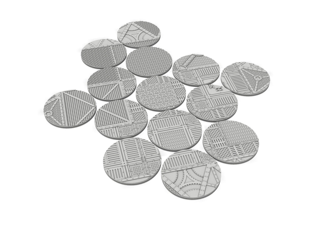 Lot of 25mm to 55mm industrial texture & round bases usable for infinity, no borders bases...