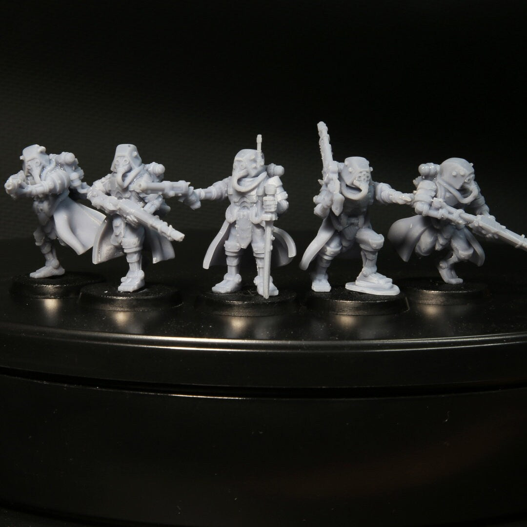 Scavenger stalkers, mechanized infantry, post apocalyptic empire, usable for tabletop wargame.