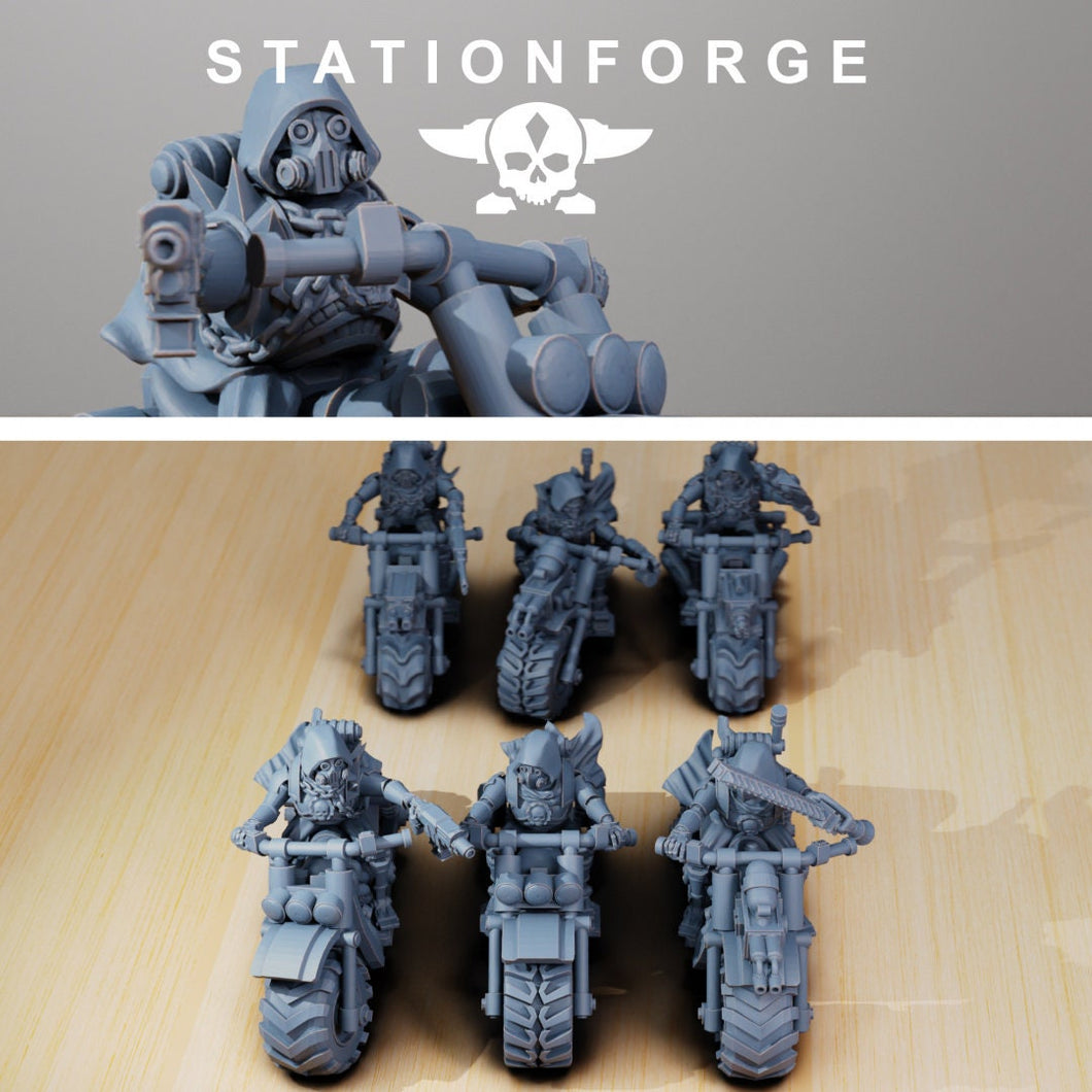 Scavenger bikers, mechanized infantry, post apocalyptic empire, usable for tabletop wargame.