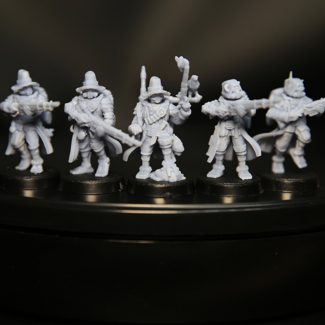 Scavenger bounty hunters, mechanized infantry, post apocalyptic empire, usable for tabletop wargame.