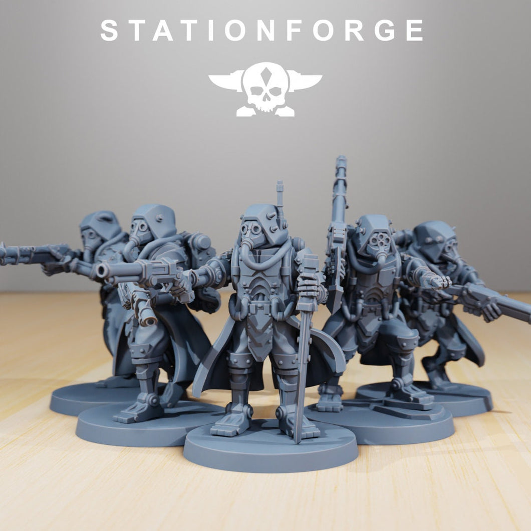 Scavenger stalkers, mechanized infantry, post apocalyptic empire, usable for tabletop wargame.