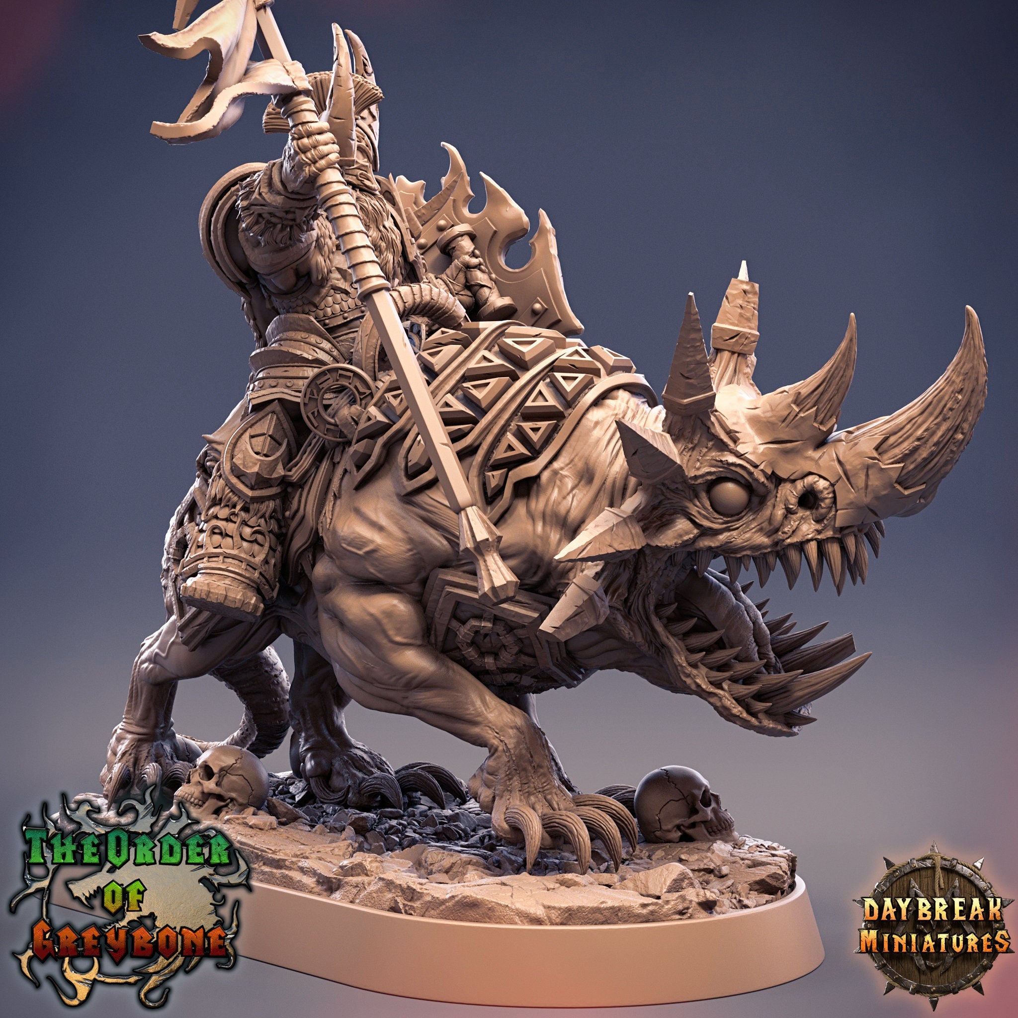 Wild hunters - Celestus Rhinefang on Horned Wolf, The Order of Greybone, daybreak miniatures