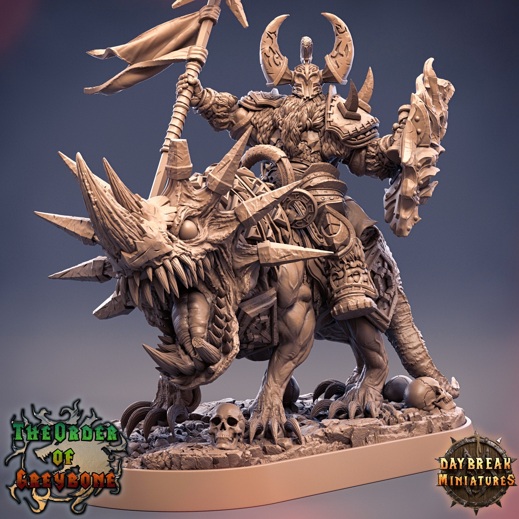 Wild hunters - Celestus Rhinefang on Horned Wolf, The Order of Greybone, daybreak miniatures
