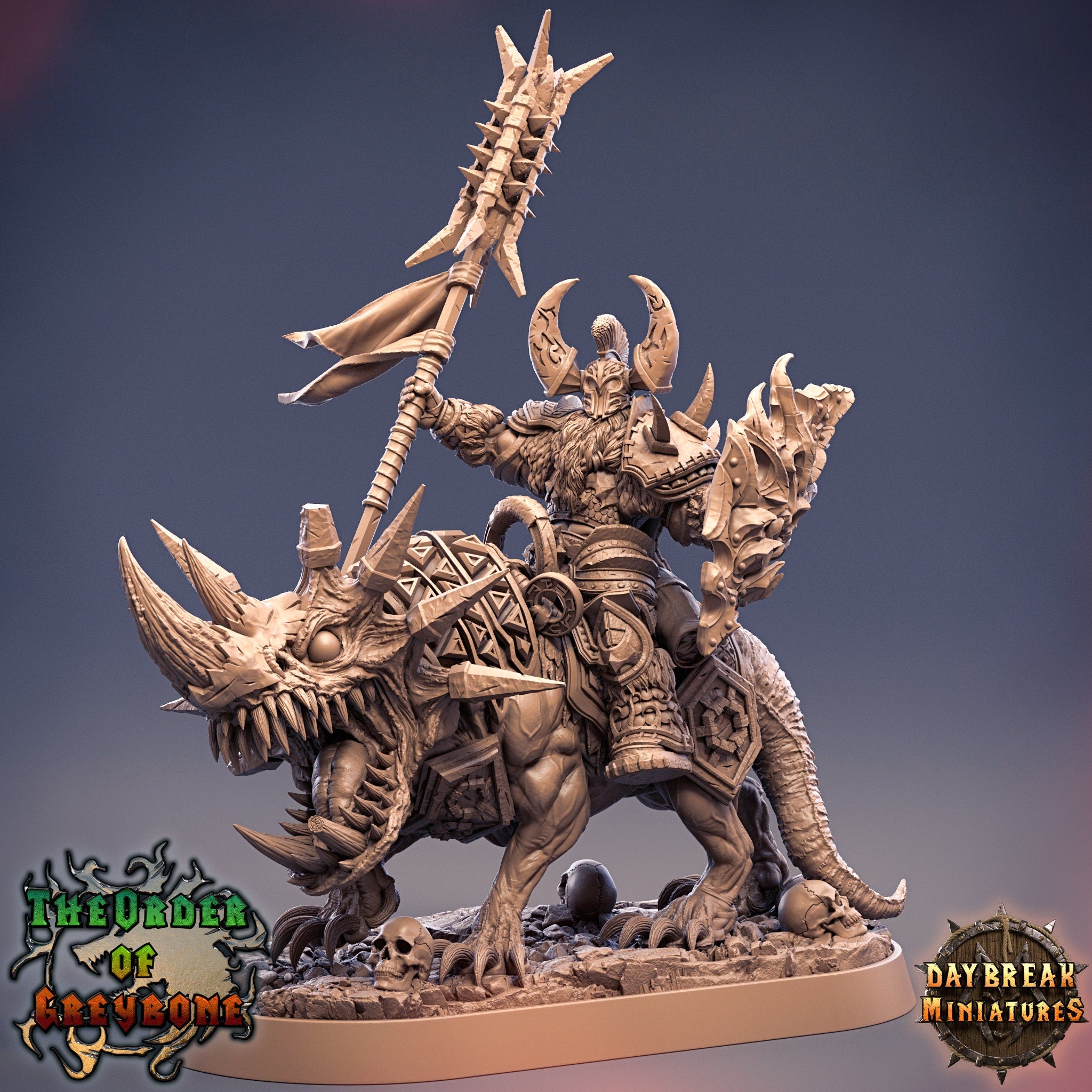 Wild hunters - Celestus Rhinefang on Horned Wolf, The Order of Greybone, daybreak miniatures