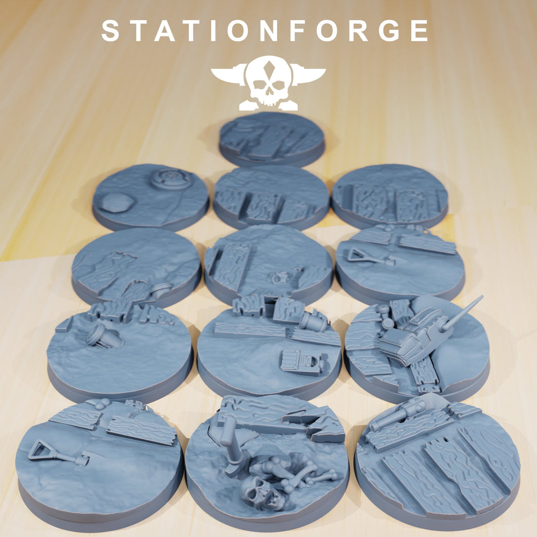 Trench - Lot of Trench texture round bases for miniatures, size 25mm, usable for Warmachine, Starfinder and sci-fi wargames.