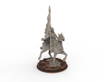 Load image into Gallery viewer, Rohan - West Human on Horse with Banner, Knight of Rohan, the Horse-lords, rider of the mark, minis for wargame D&amp;D, Lotr...
