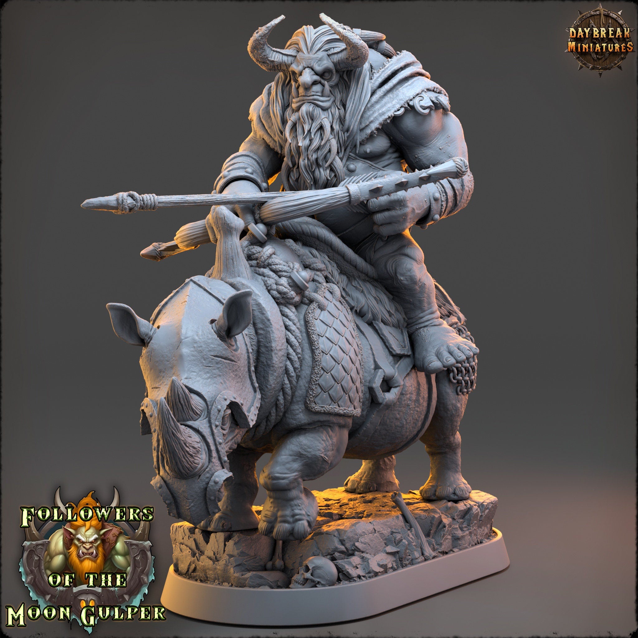 Ogre - Kshmeh Klatzmer on sewer rhino, Followers of the Moon Gulper, daybreak miniatures, for Wargames, Pathfinder, Dungeons & Dragons TTRPG