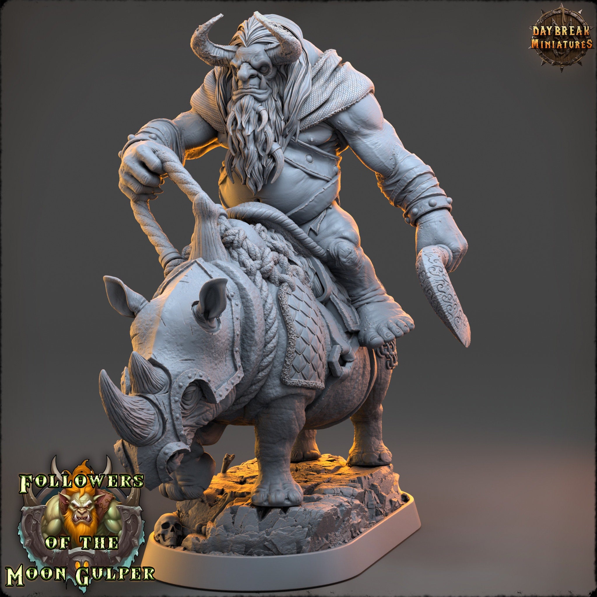 Ogre - Qaggercaz Trazbag on sewer rhino, Followers of the Moon Gulper, daybreak miniatures, for Wargames, Pathfinder, Dungeons Dragons TTRPG