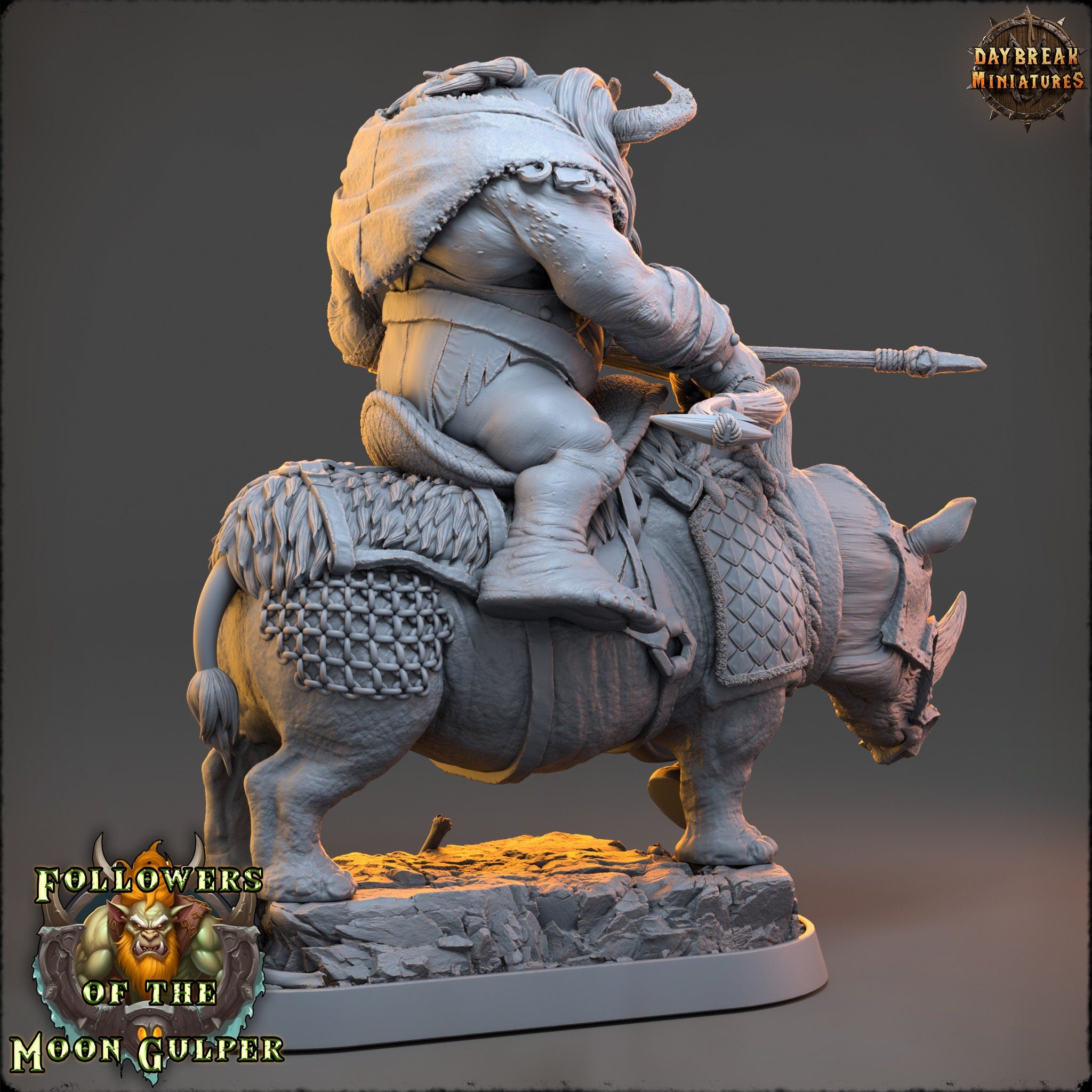 Ogre - Kshmeh Klatzmer on sewer rhino, Followers of the Moon Gulper, daybreak miniatures, for Wargames, Pathfinder, Dungeons & Dragons TTRPG