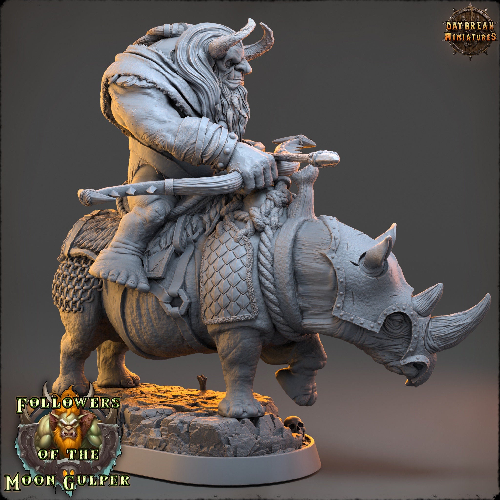 Ogre - Kshmeh Klatzmer on sewer rhino, Followers of the Moon Gulper, daybreak miniatures, for Wargames, Pathfinder, Dungeons & Dragons TTRPG