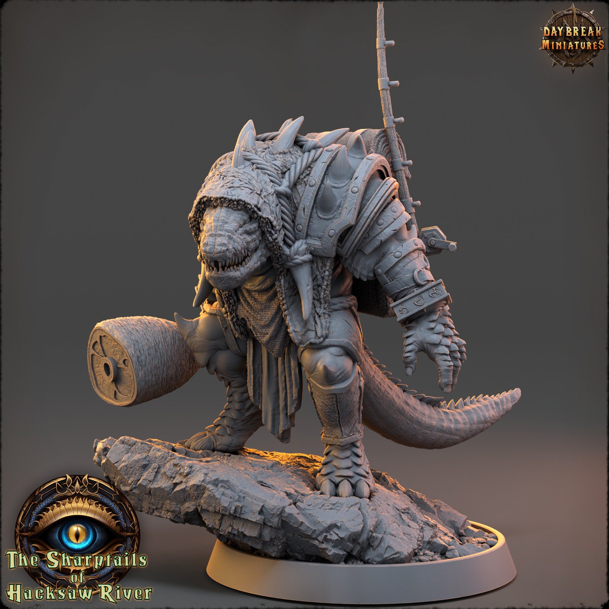 Crocodile warriors - Geezer Sharpeye - The Sharptails of Hacksaw River, daybreak miniatures, for Wargames, Pathfinder, Dungeons & Dragons