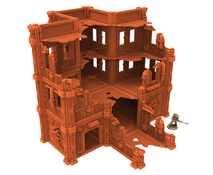 Industrial Ruined building printed in PLA and resin usable for warmachine, Damocles, One Page Rule, Firefight, infinity, scifi wargame...