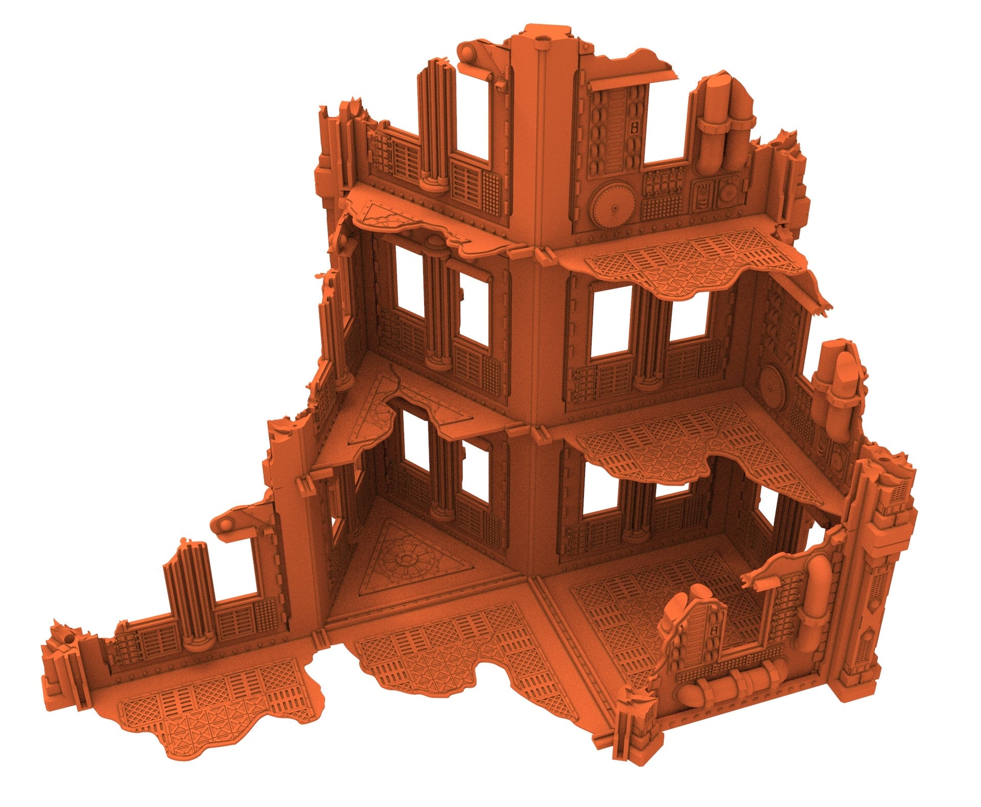 Industrial Ruined building printed in PLA and resin usable for warmachine, Damocles, One Page Rule, Firefight, infinity, scifi wargame...
