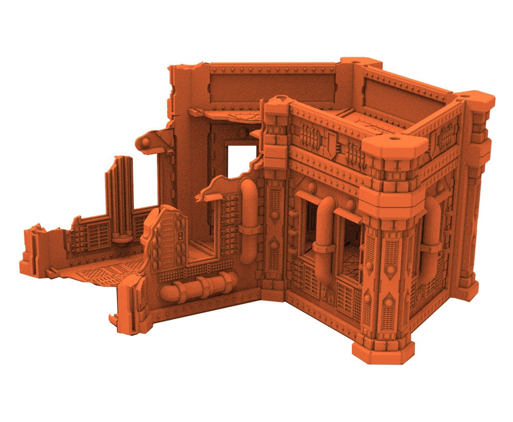 Industrial Ruined building printed in PLA and resin usable for warmachine, Damocles, One Page Rule, Firefight, infinity, scifi wargame...