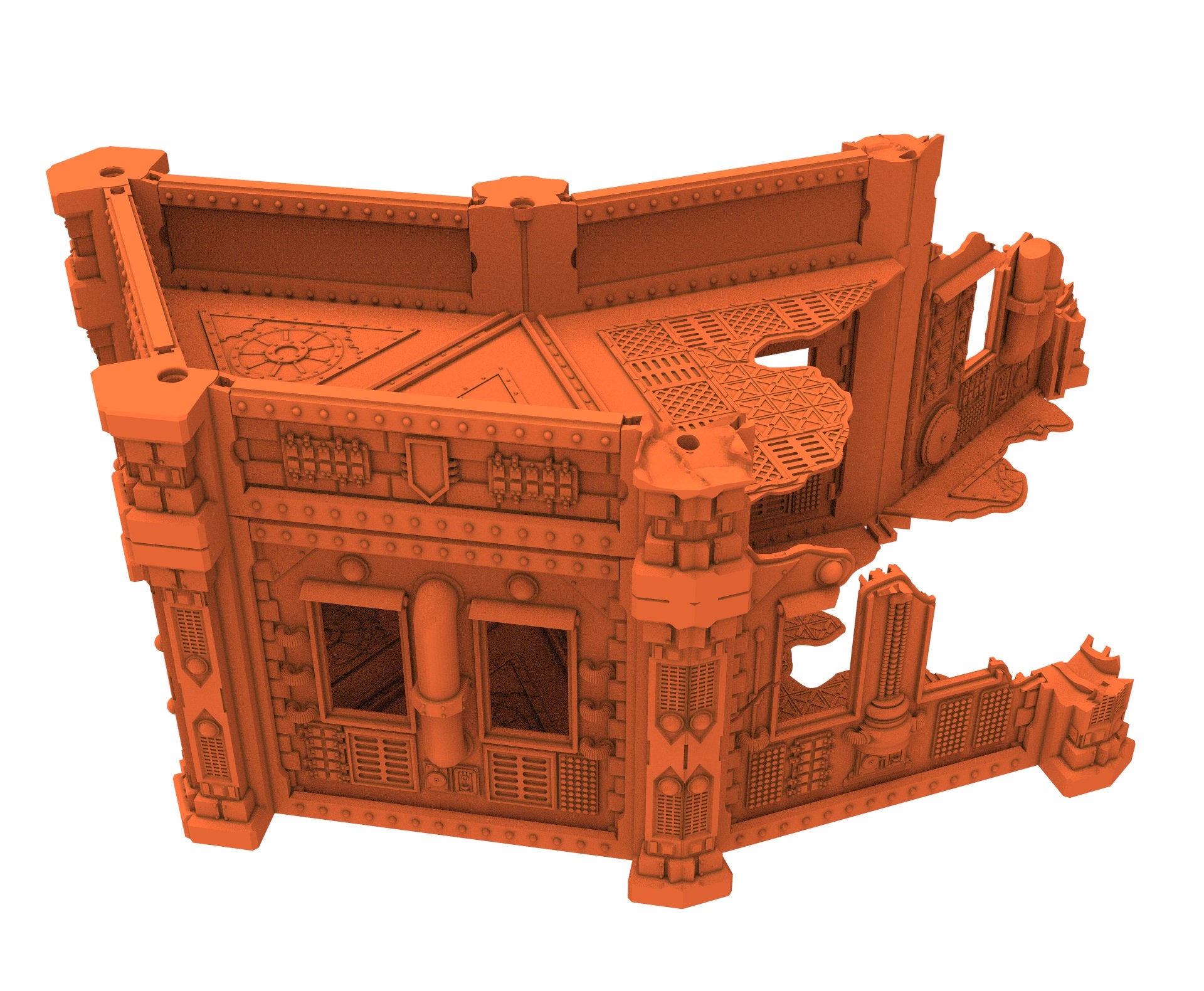 Industrial Ruined building printed in PLA and resin usable for warmachine, Damocles, One Page Rule, Firefight, infinity, scifi wargame...