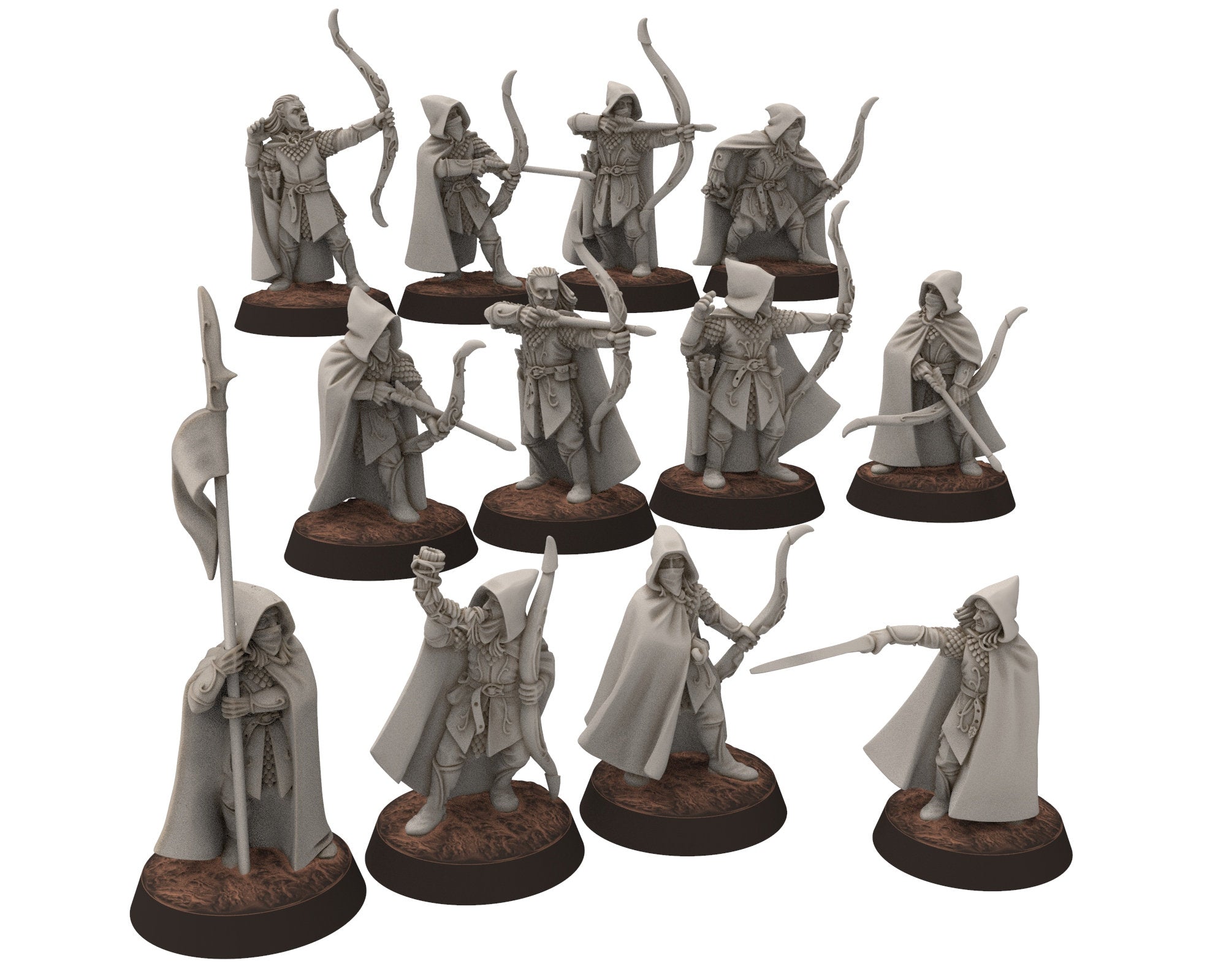 Darkwood - Rangers Wood elves Warriors Banner with Bows, Middle rings miniatures for wargame D&D, LOTR, Medbury miniatures